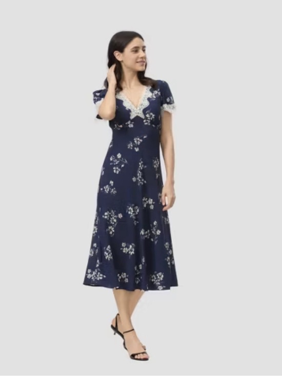 a new day Dresses & Skirts - A New Day Women's Cap Sleeve Lace Trim Midi Dress Navy Blue Floral L NWT